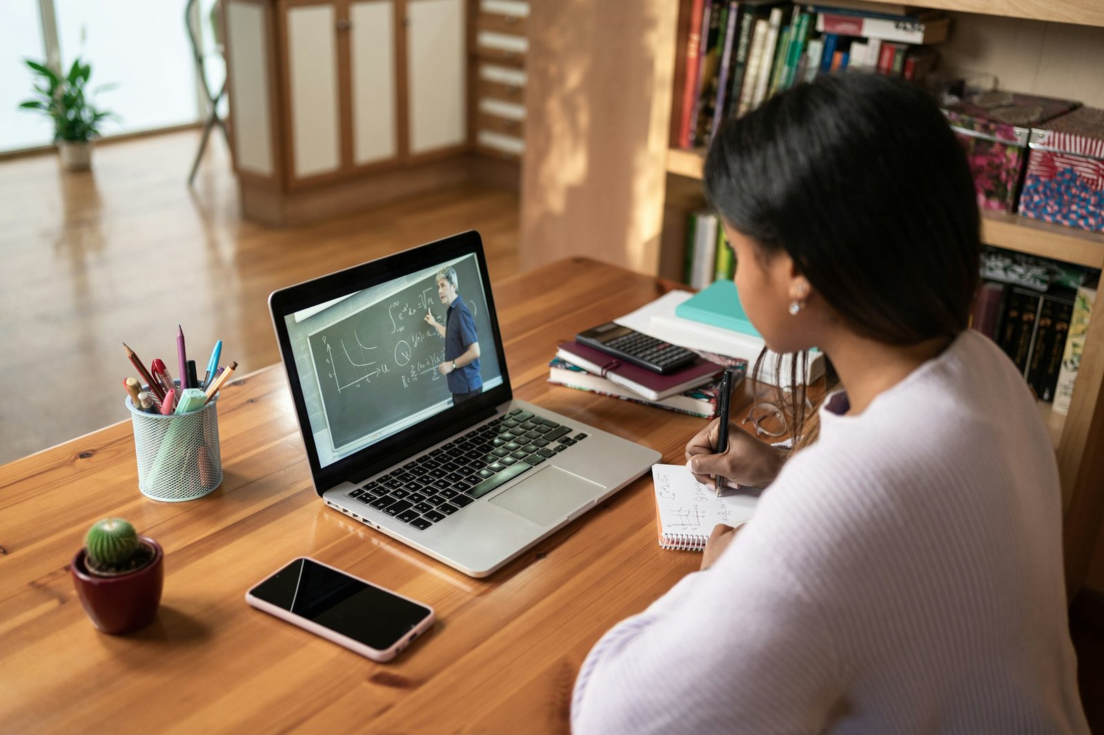 African American female student studying maths from online webinar or a course at home