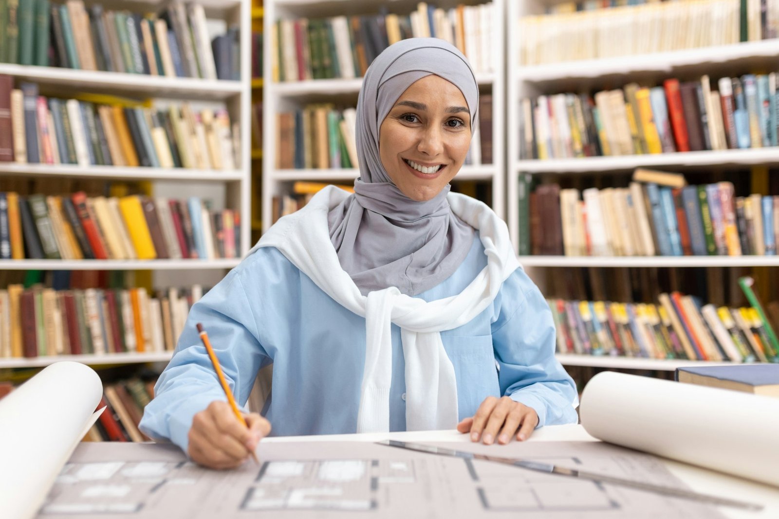 Muslim woman architect working on blueprint in library